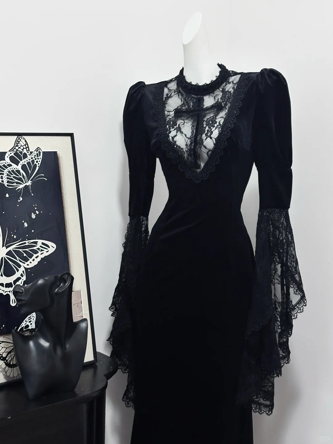 Robe de soirée longue en velours noir, élégante et vintage, en dentelle délicate, robe de bal, robe de soirée, robe de fête d'anniversaire, robe de bal nv4049