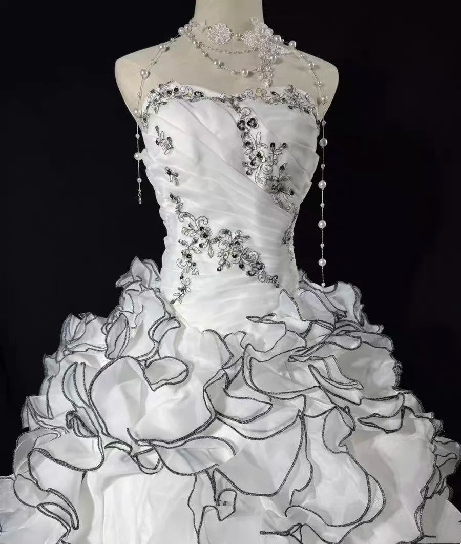 White Halter Strapless Beaded Embroidery Voluminous Ball Gown with Multi-layer Ruffled Trim NV6869