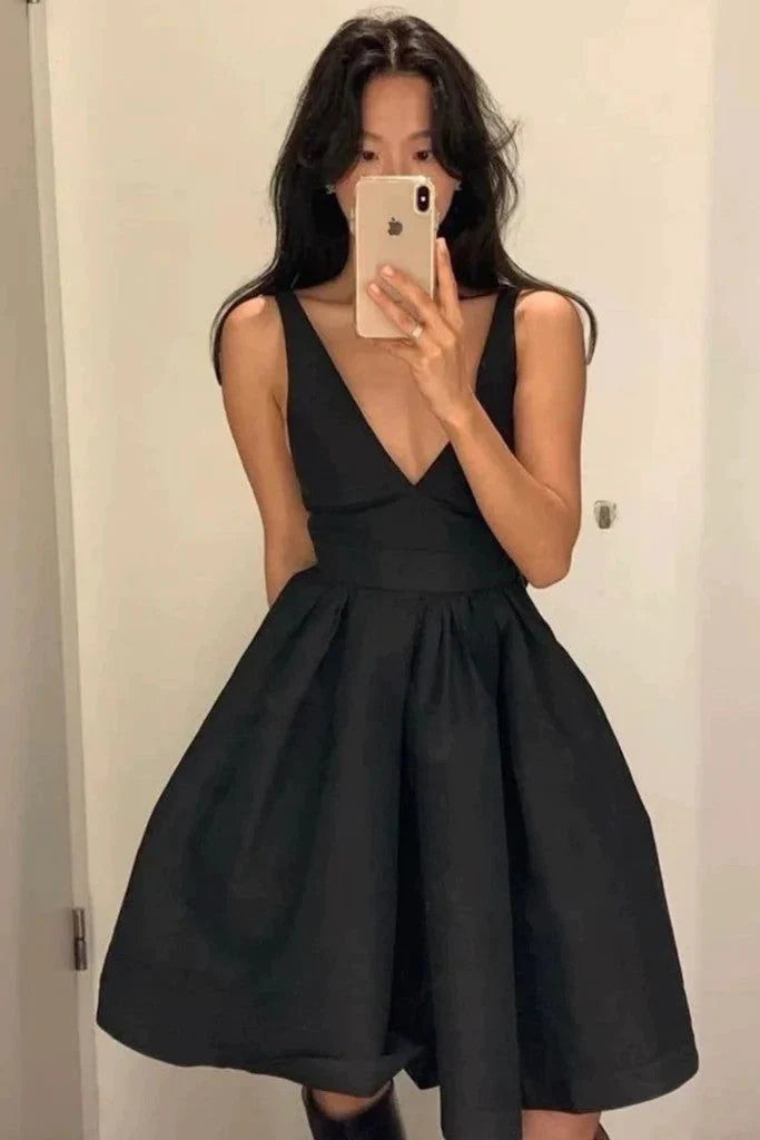 Robe de soirée courte en satin à col en V et dos nu, robe de remise de diplôme, robe d'anniversaire, nv2147