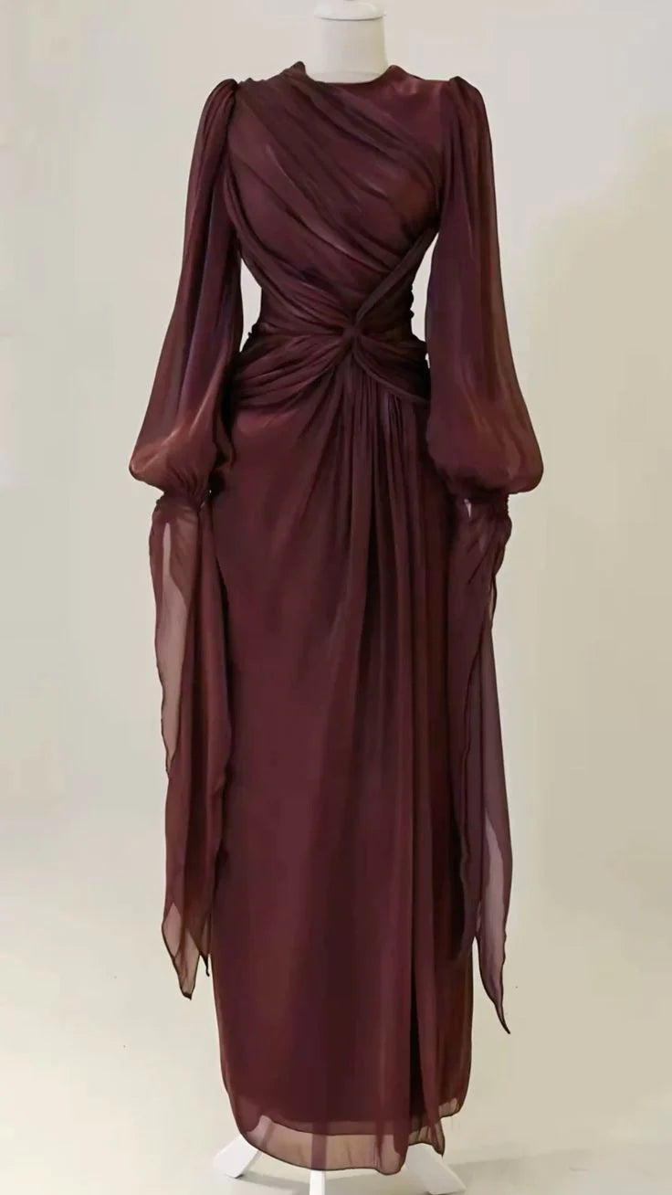 Burgunderrotes elegantes Abendkleid A-Linie mit langen Ärmeln Ballkleid nv4232