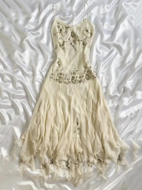 Robe longue en mousseline de soie ivoire à volants et perles, robe de soirée, robe de bal, nv4579