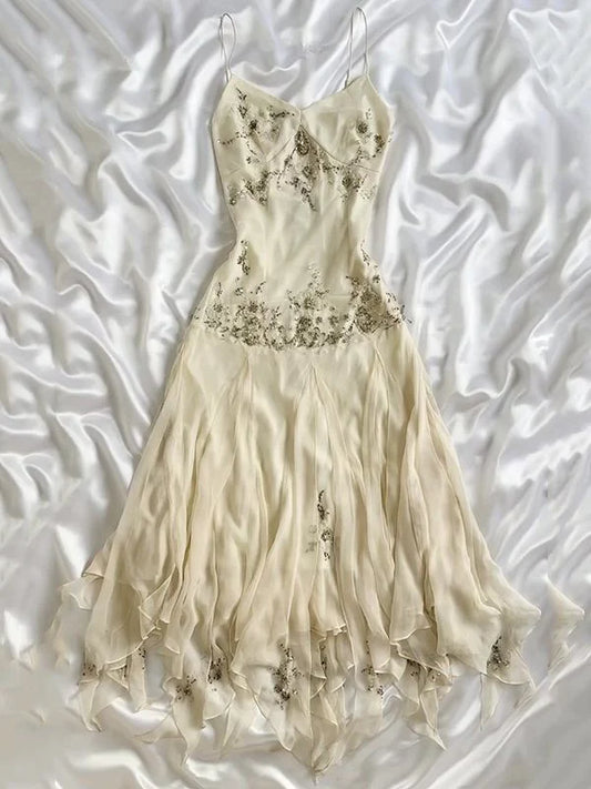 Robe longue en mousseline de soie ivoire à volants et perles, robe de soirée, robe de bal, nv4579