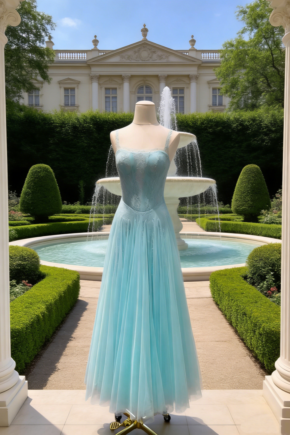 Ice blue lace sparkling thin suspender strapless chiffon grand dress  NV6787