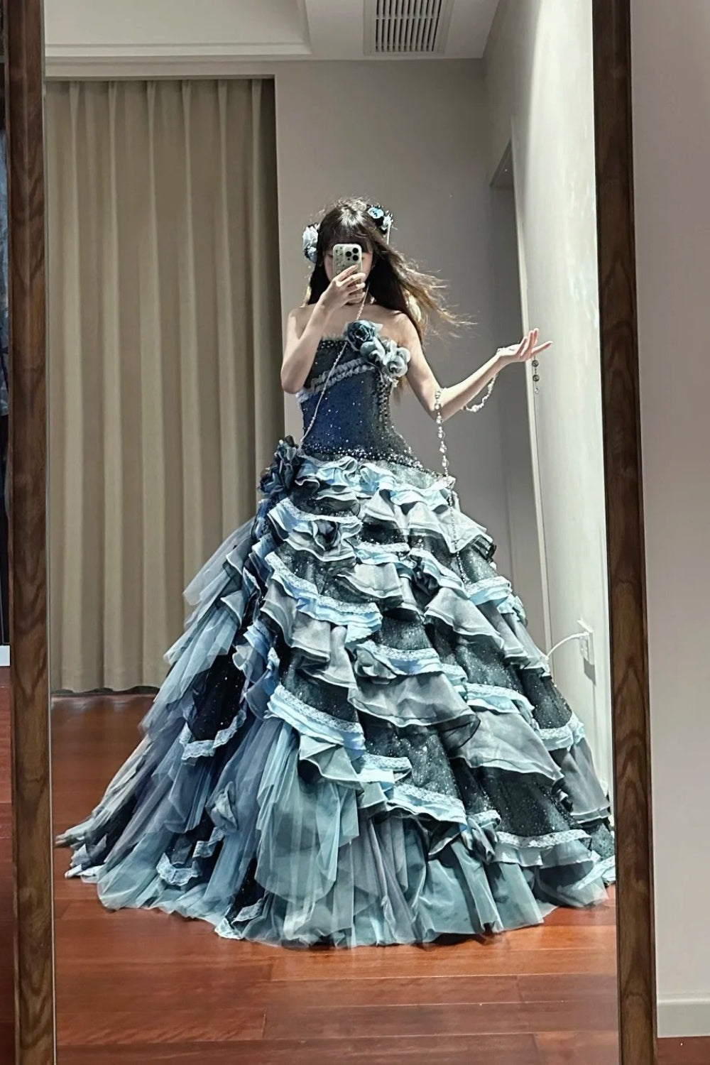 NiceVestidos - Robe de bal longue en tulle multicouches, bleu vintage, exquise, perlée, princesse, 16e anniversaire, conte de fées, fille de la mer, NV5666