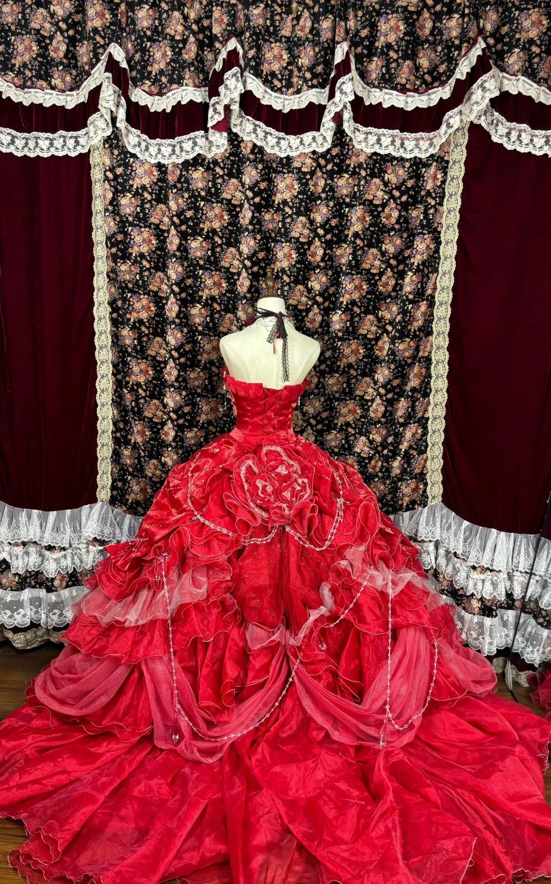 Robe de soirée longue en satin à fleurs et perles, style princesse, rouge, robe de bal, robe de quinceanera, nv4650