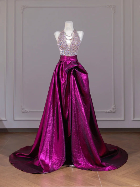 Lila funkelndes, perlenbesetztes, langes, bodenlanges Ballkleid nv4967