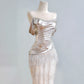 Light Gold Beaded Satin Long Tulle Prom Dress Evening Dress Party Dress nv4945