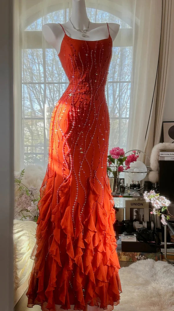 Vintage Abendkleider, Orange Meerjungfrau Ärmellose Lange Partykleider nv4330