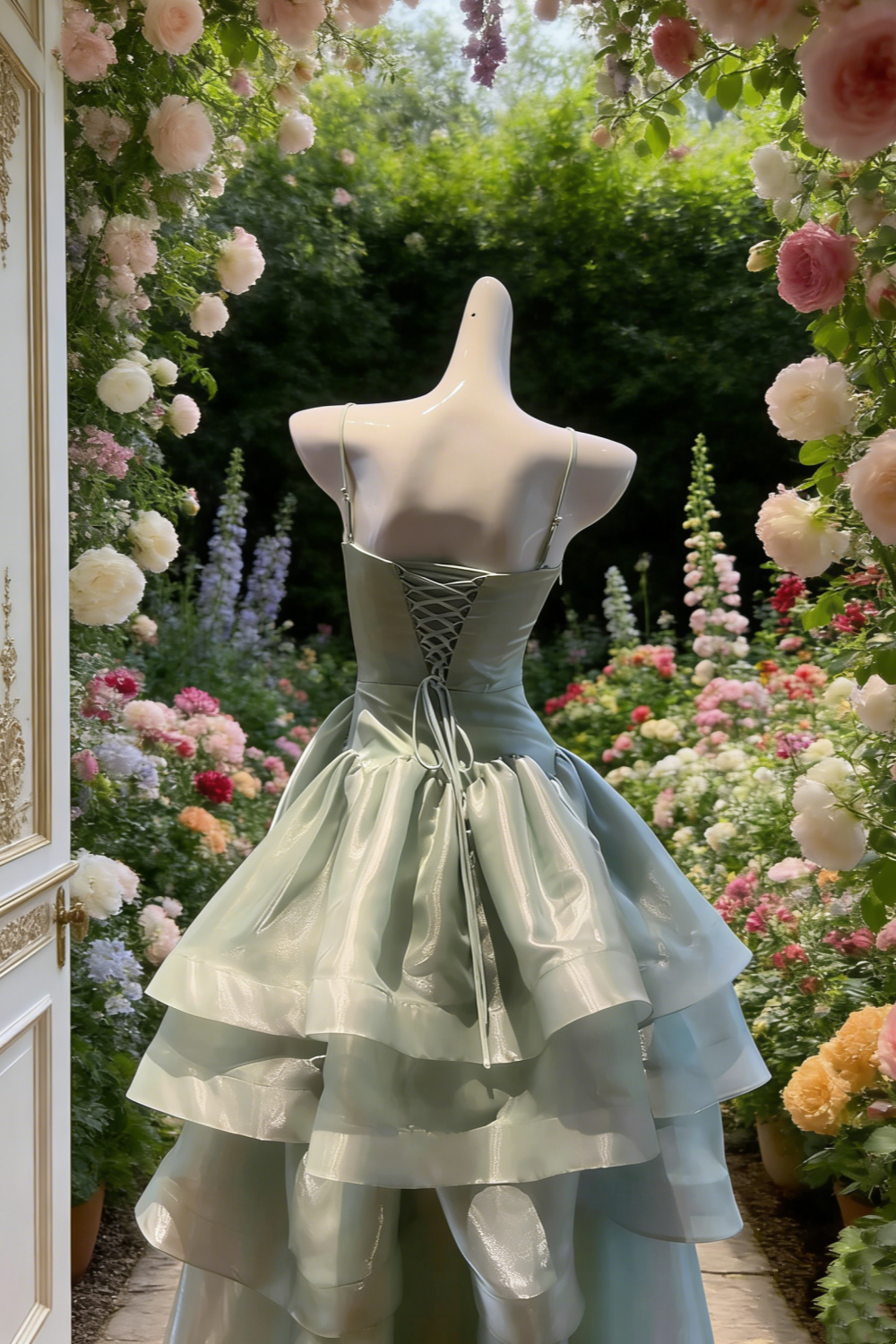 Mint Green Shimmer Organza Thin Spaghetti Strap Gown - Sweet Ethereal Asymmetric Layered Dress  NV6785