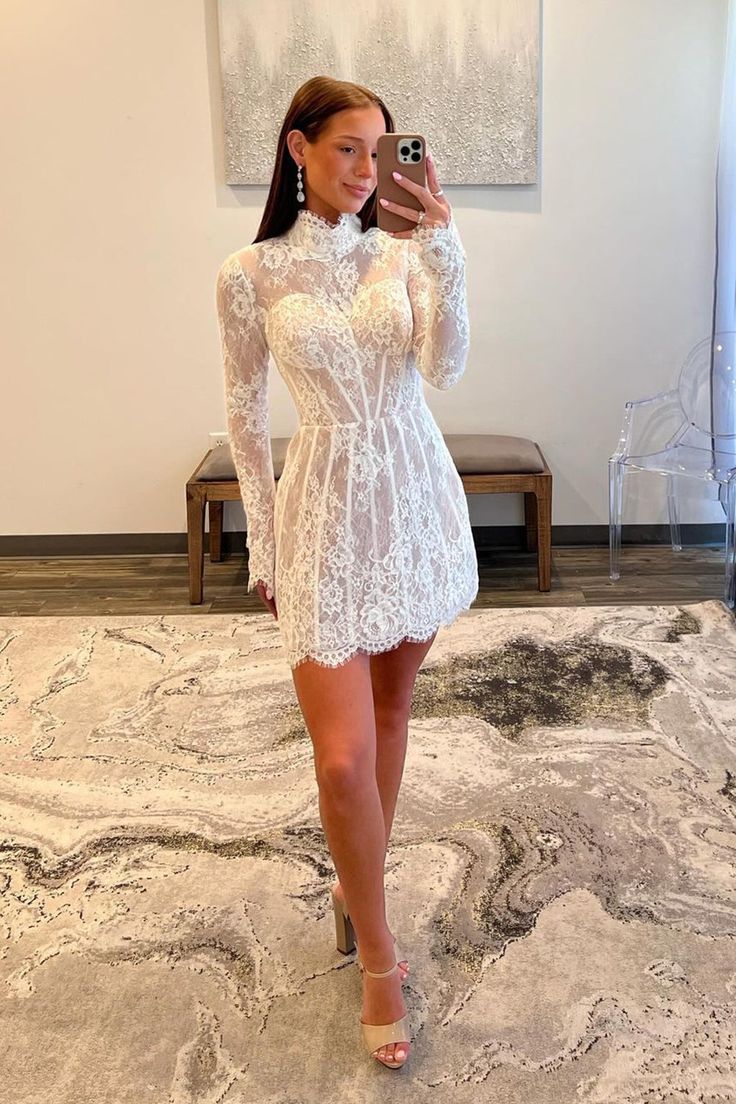 Weißes langärmliges A-Linien-Heimkehrkleid mit Spitze, Ballkleid, Partykleid nv2059