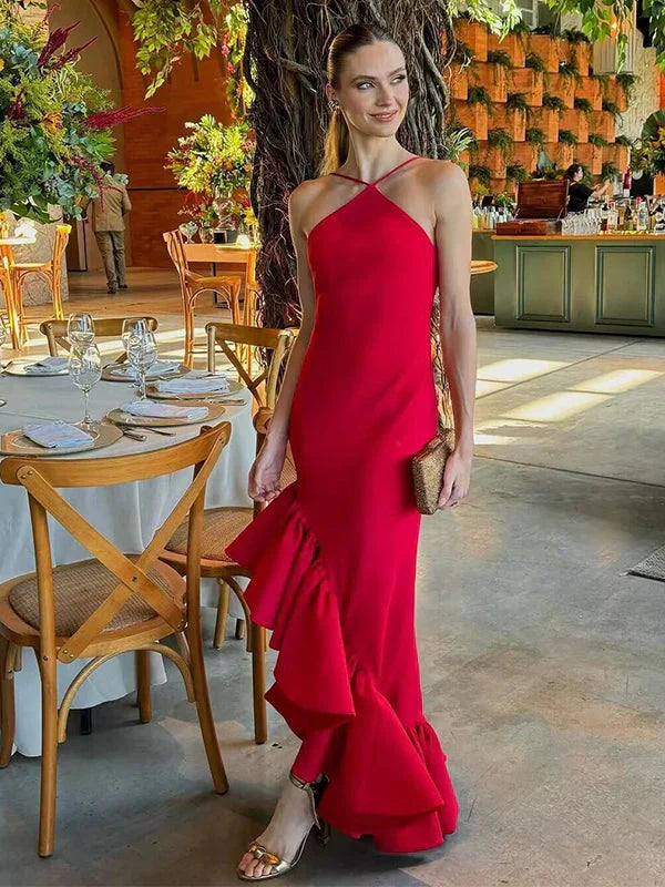 Modisches, sexy, rotes, rückenfreies Abendkleid mit Rüschen, Ballkleid NV1827