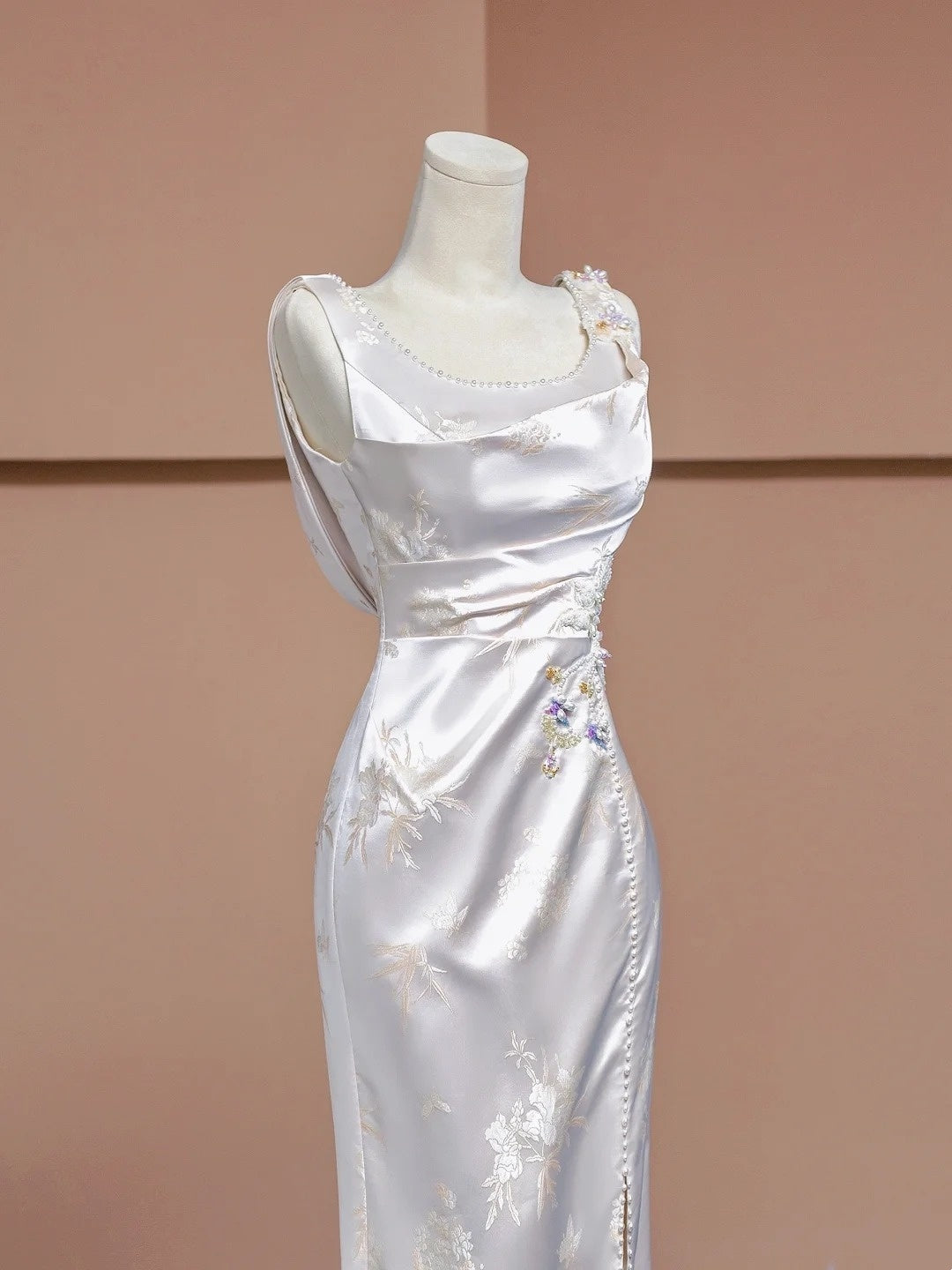 Robe de soirée longue en satin blanc à fleurs, élégante, robe de bal, robe de soirée nv4542