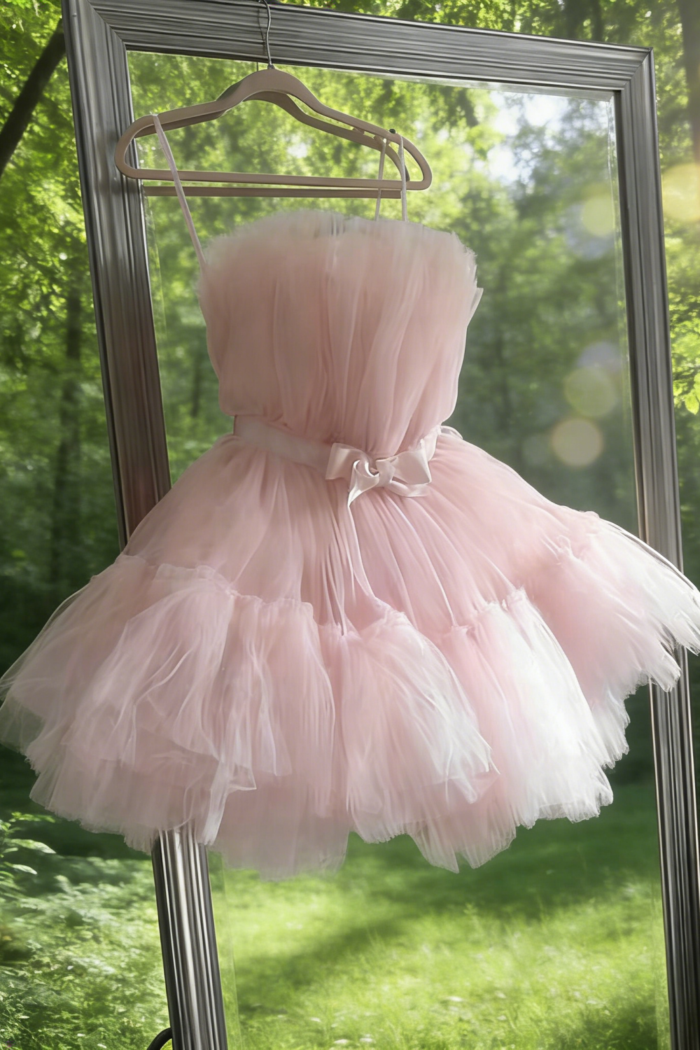 Trägerloses, mehrlagiges Tüllkleid in zartem Rosa – Puffkleid im Sweet-Lolita-Stil NV6791
