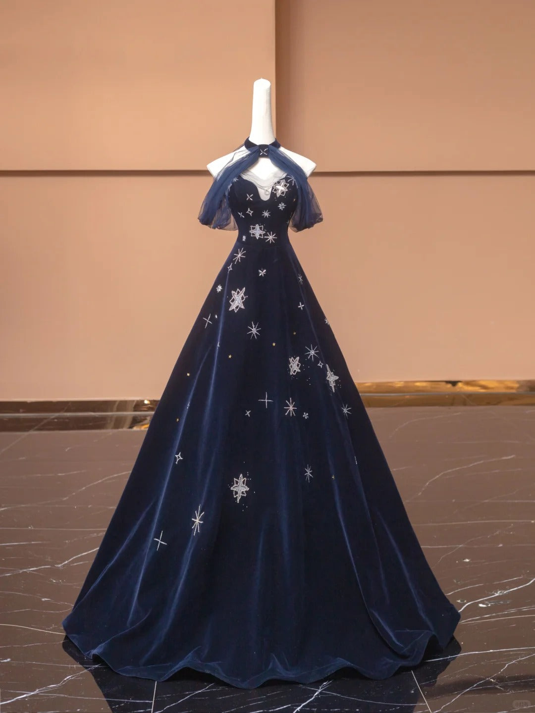 Robe de bal longue en velours bleu exquis, ornée d'étoiles et de perles, robe de soirée, robe de soirée, nv4732
