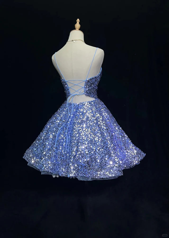 Blaues, glänzendes Prinzessinnen-Pailletten-Kurzkleid für den Heimkehrball, Ballkleid, Abendkleid, Elsas Eisparty, nv4287