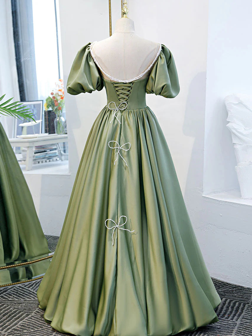 Simple A Line Green Satin Long Prom Dress, Evening Dress Custom Size nv389
