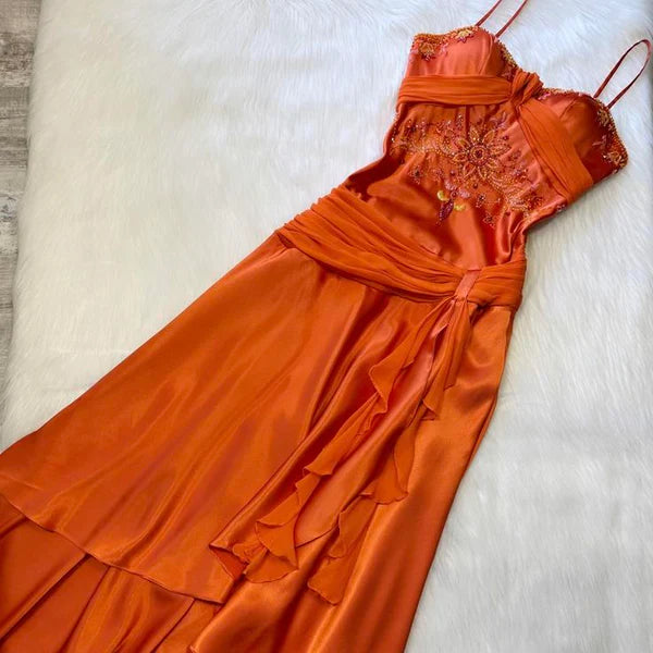 Orange Delicate Beading Spaghetti Strap Long Satin Party Dress Evening Gown Prom Dress nv4352