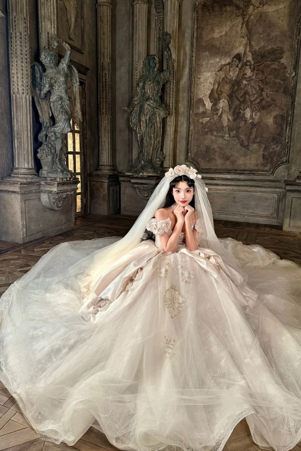 Sleeping Rose in a European Castle 🐚🤍🦢 Langes Vintage-Brautkleid NV6653