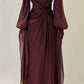Robe de soirée élégante en mousseline de soie, style vintage bordeaux, manches longues, coupe trapèze, nv4160