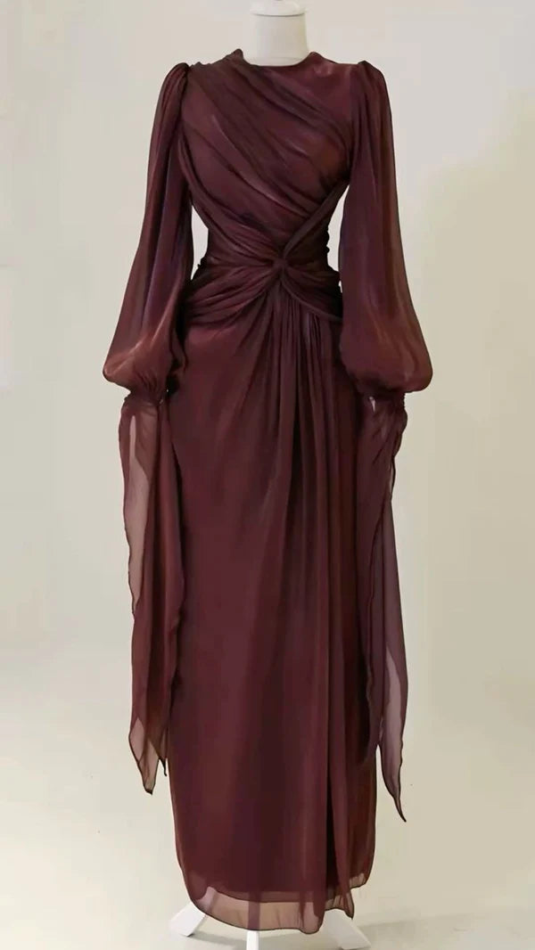 Robe de soirée élégante en mousseline de soie, style vintage bordeaux, manches longues, coupe trapèze, nv4160