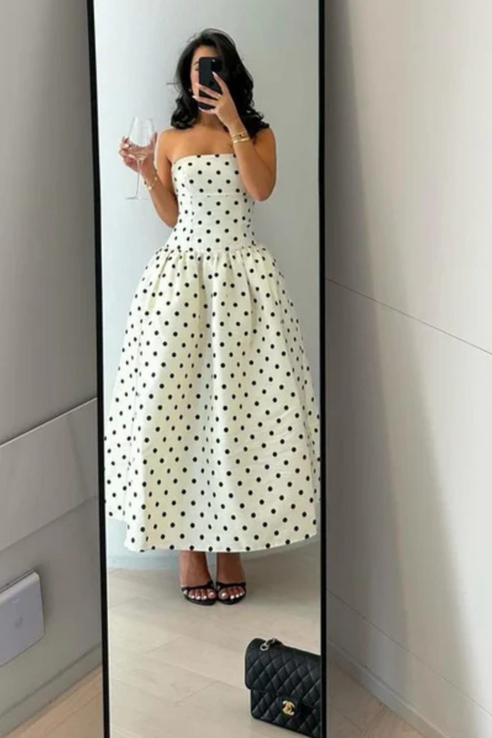 Robe de soirée mi-longue en mousseline de soie à pois blancs, à la mode, robe de soirée d'anniversaire nv5283