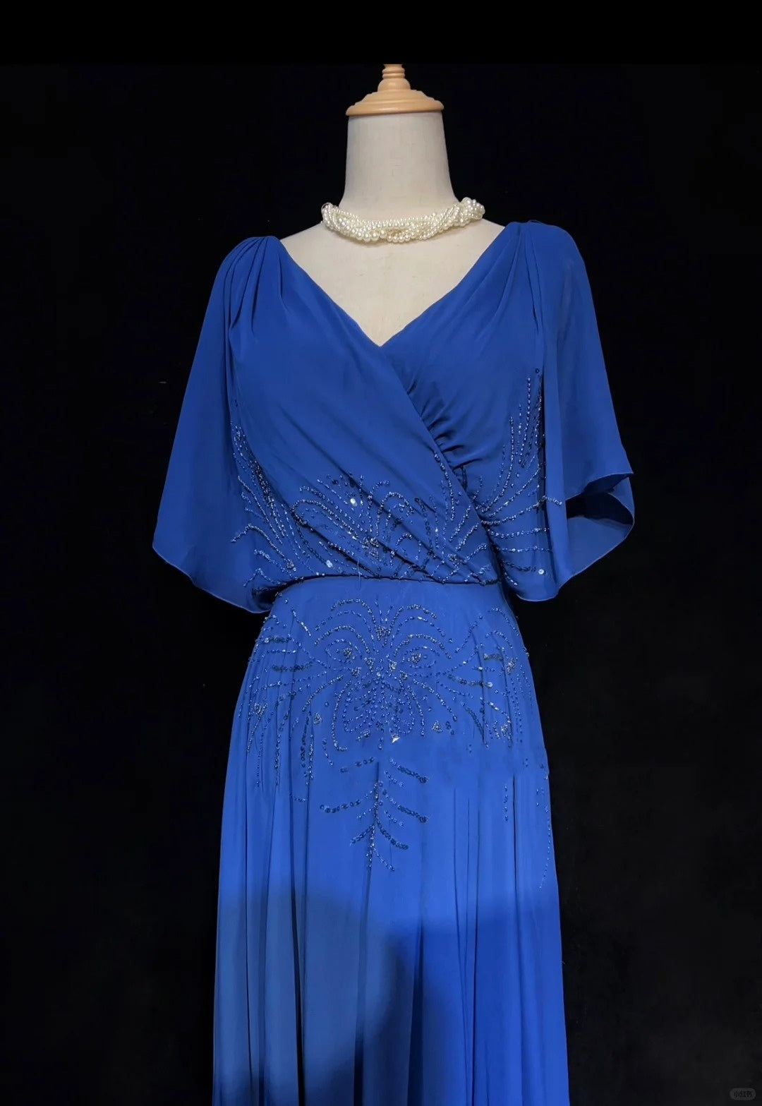 Robe de soirée longue en mousseline de soie, élégante et vintage, bleue, à manches courtes, avec perles, robe de bal, robe de soirée, robe de mère de mariée, robe de bal, nv3961