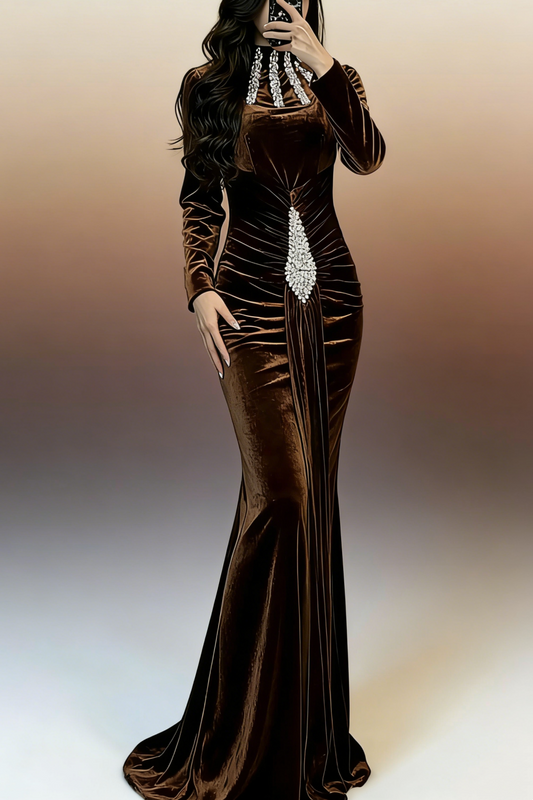Velvet High Neck Mermaid Statement Dress - Crystal Fringe Ruched Slim Evening Gown  NV6795