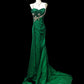 Green Vintage Fashion Elegant Exquisite Beaded Lace Long Satin Floor Length Trailing Ball Gown Evening Gown Party Dress nv3860