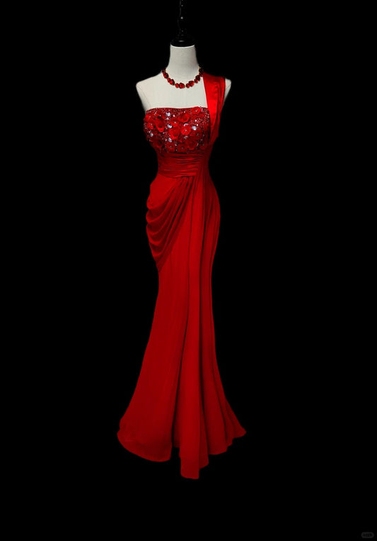 Red Hot Sexy Gorgeous Elegant One Shoulder Beautiful Delicate Floral Beaded Long Floor Length Satin Ball Gown Evening Gown Party Dress Prom Gown nv3984