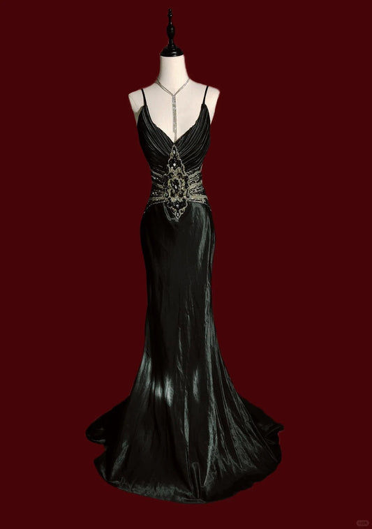 Black Gorgeous Exquisite Gem Beaded Long Floor Length Satin Ball Gown Evening Gown Party Dress Prom Gown nv3981