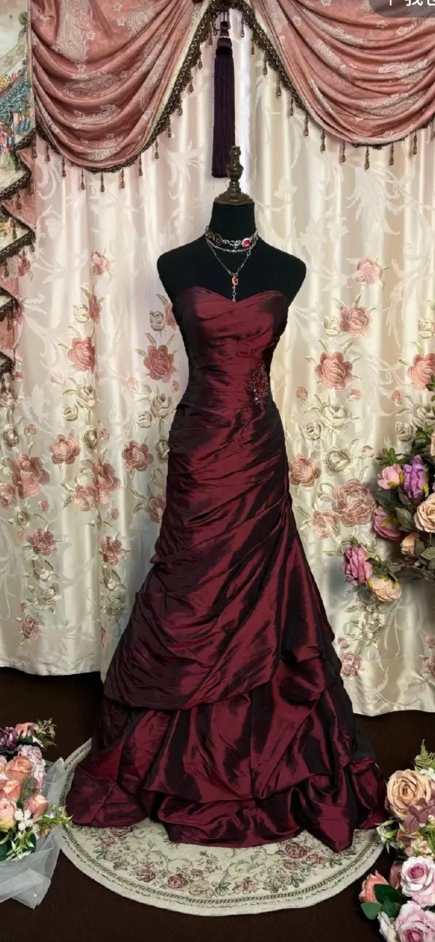 Robe de soirée longue en satin bordeaux à strass, longueur au sol, robe de bal pour adulte, nv4424