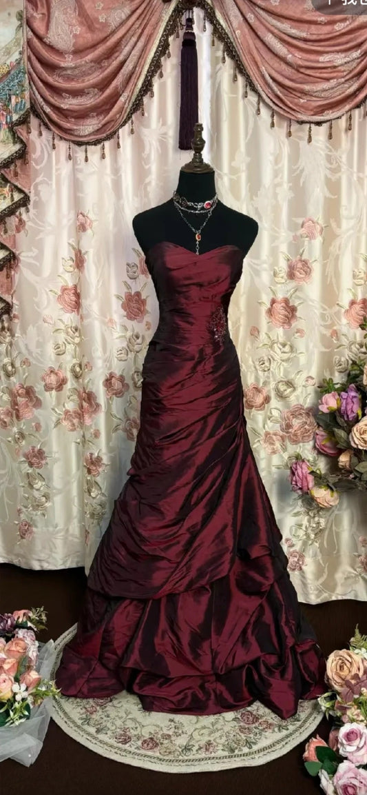Burgunder Strass lange Satin bodenlanges Ballkleid Abendkleid Erwachsenenkleid nv4424