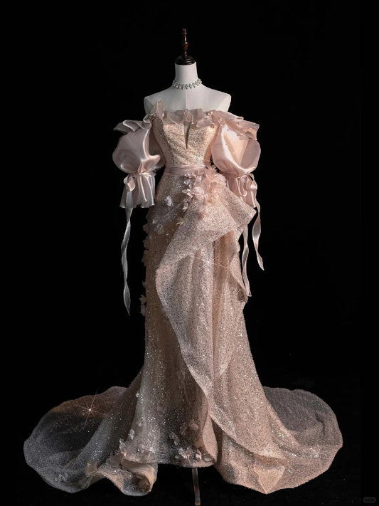 Rosa Luxuriöses, Glänzendes, Wunderschönes, Zartes, Blumenapplikationsperlen, Elegantes, Atemberaubendes, Langes, Bodenlanges Tüllkleid, Ballkleid, Abendkleid, Partykleid, nv4117