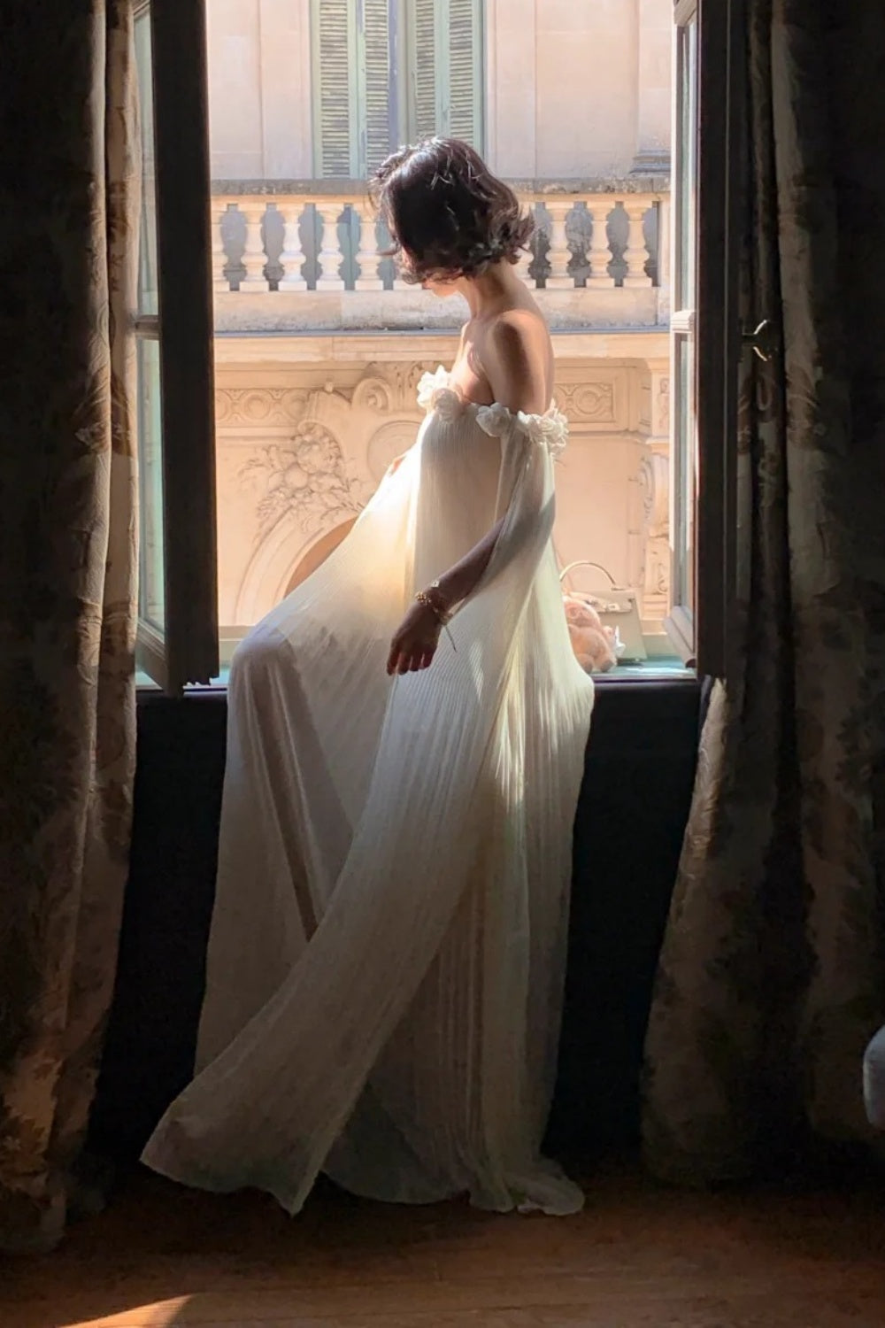 Robe de soirée française à fleurs 3D, épaules dénudées : mousseline plissée, ceinture dos nu, robe style station thermale féerique NV6402