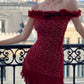 Robe courte bordeaux en dentelle à épaules dénudées : ourlet volanté, coupe moulante, style rétro français sexy NV6404