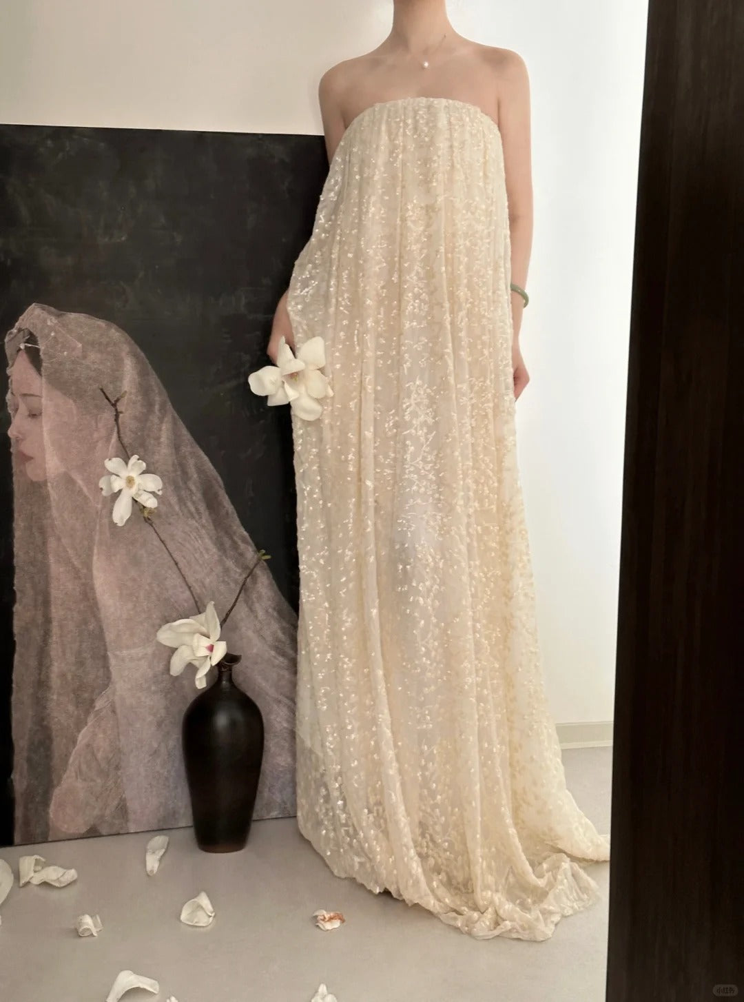 Elfenbeinweiß, wunderschön, exquisite Perlen, langes, bodenlanges Tüll-Ballkleid mit Pailletten, Abendkleid, Geburtstags-, Urlaubs- und Partykleid, nv4070