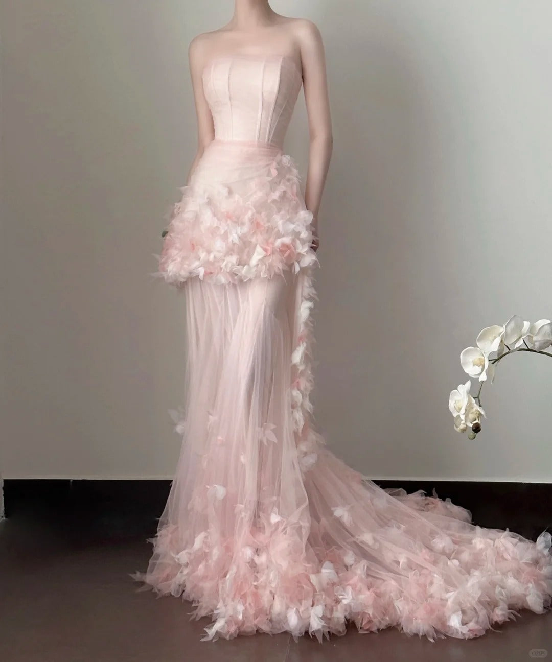 Rosa Elegant Retro Mode Romantisch Lang Bodenlang Schleppendes Chiffon Tüll Ballkleid Abendkleid Geburtstag/Urlaub/Hochzeitskleid Ballkleid Brautkleid nv4075