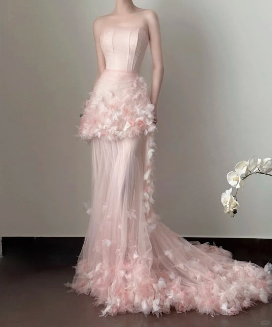 Rosa Elegant Retro Mode Romantisch Lang Bodenlang Schleppendes Chiffon Tüll Ballkleid Abendkleid Geburtstag/Urlaub/Hochzeitskleid Ballkleid Brautkleid nv4075