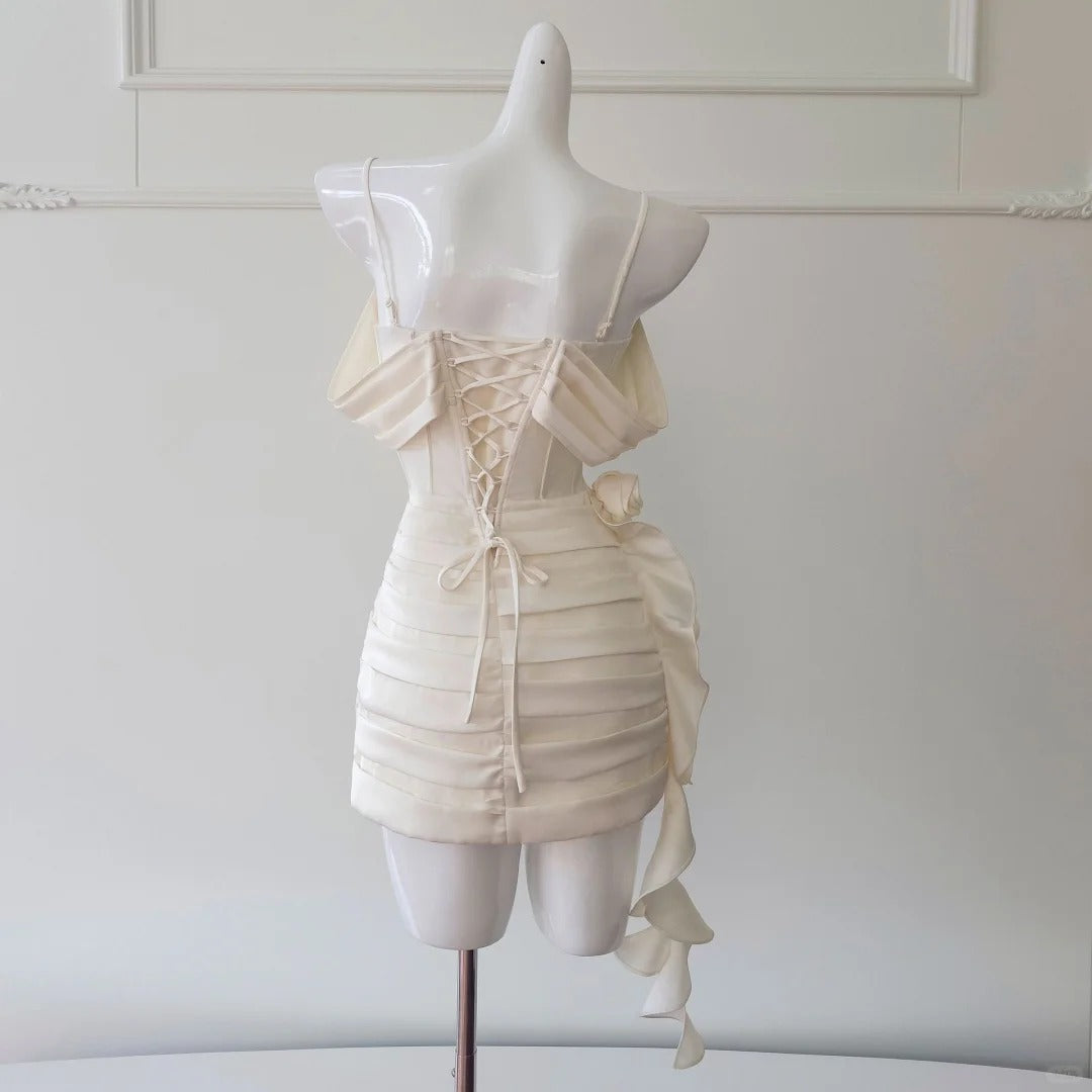 Robe de soirée courte en satin blanc ivoire, robe de bal, robe de fête d'anniversaire, nv4668