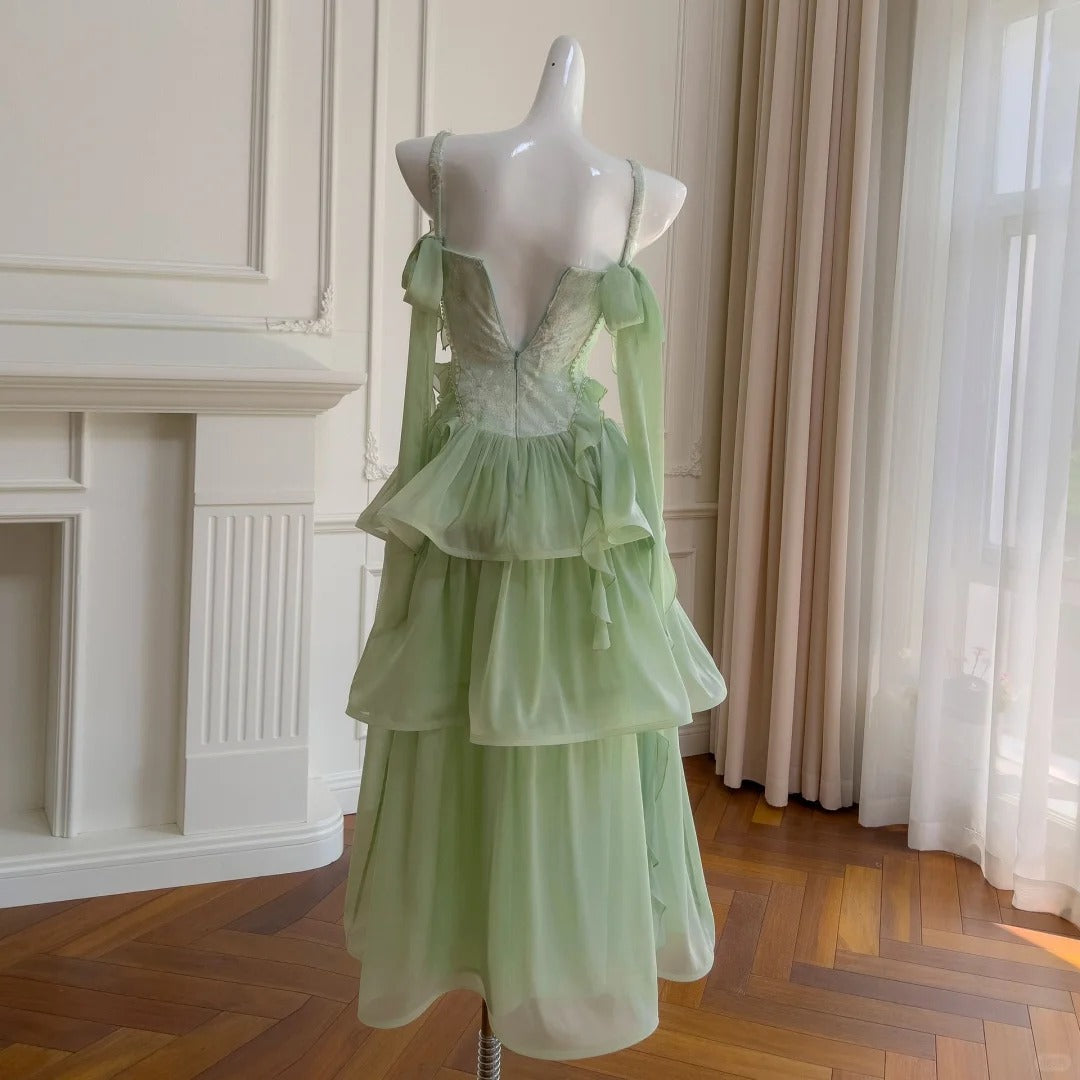 Grünes langes Chiffon-Tüll-Heimkehrkleid, Ballkleid, Geburtstagspartykleid, NV4669