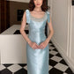 Robe de soirée longue en satin bleu clair à perles exquises nv4170