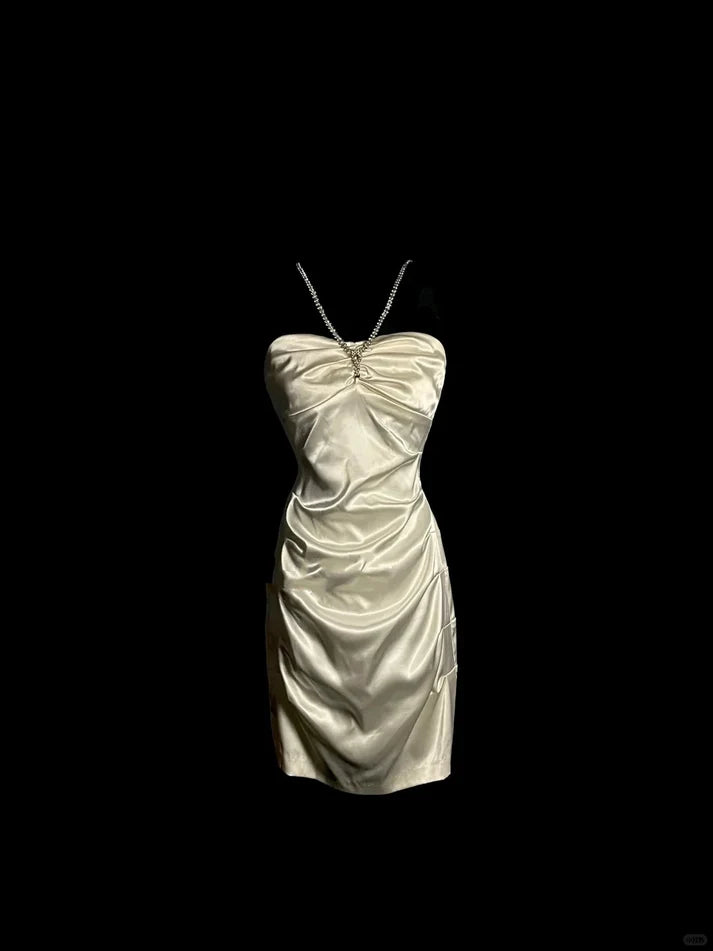 Weißes glänzendes, modisches, kurzes Satin-Kleid mit Hosenträgern, für den Heimkehr, Geburtstagsparty, Kleid nv4288