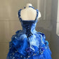Robe de bal courte à fleurs 3D dégradées bleu profond, motif floral NV6567