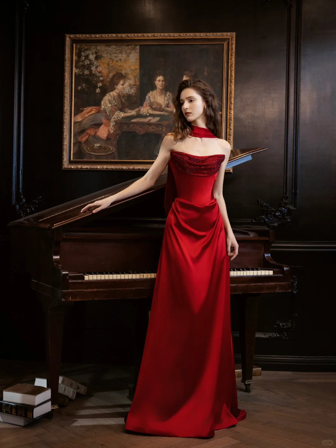 Rotes Ballkleid, glänzend, elegant, Satin, langes Abendkleid, Abschlusskleid, NV4226