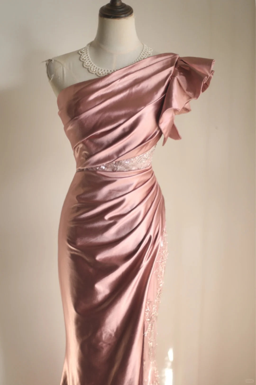 Rosa Perlen Elegantes Langes Satin Bodenlanges Ballkleid Abendkleid Partykleid nv4187