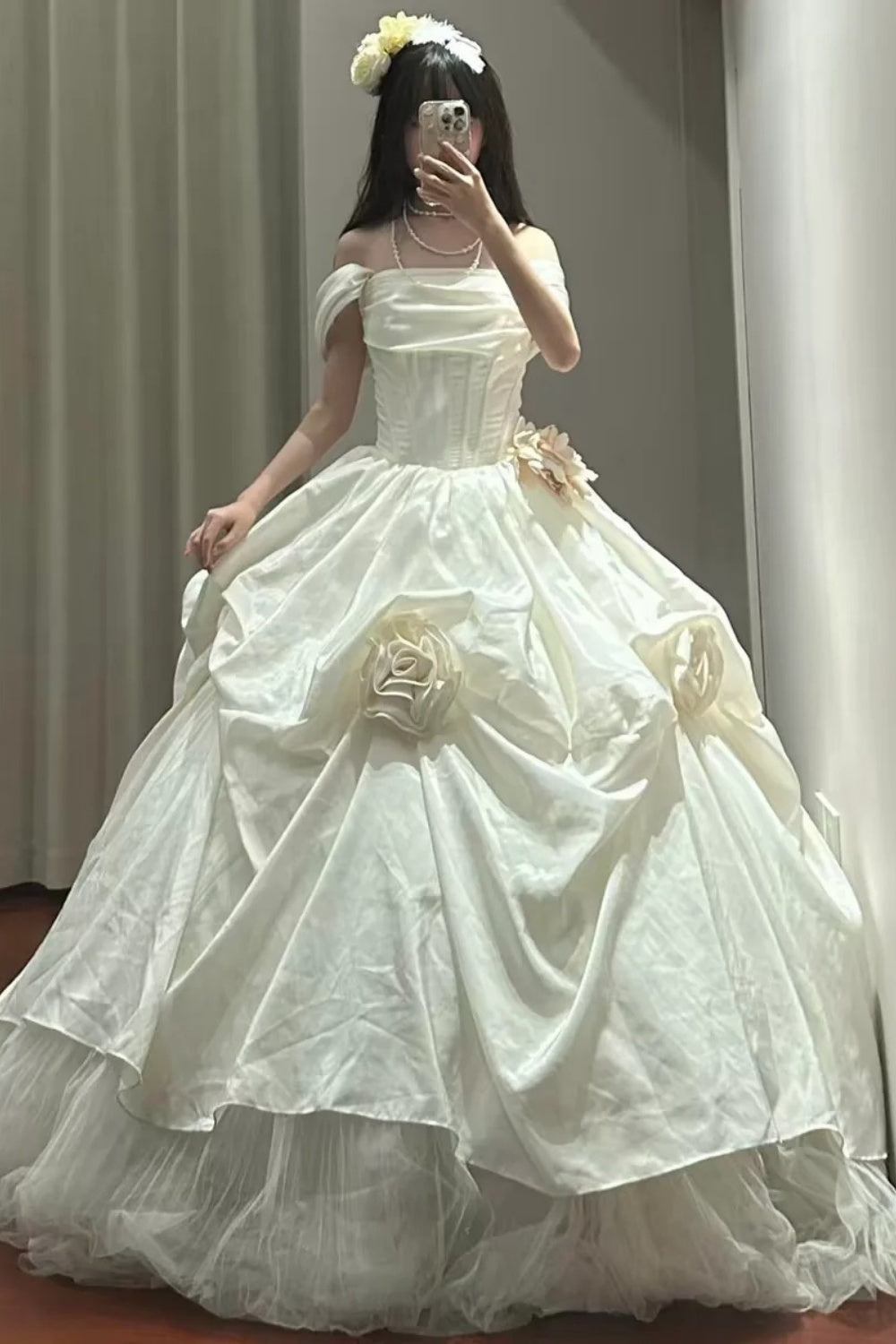 White Floral Long Princess Ball Gown NV6858