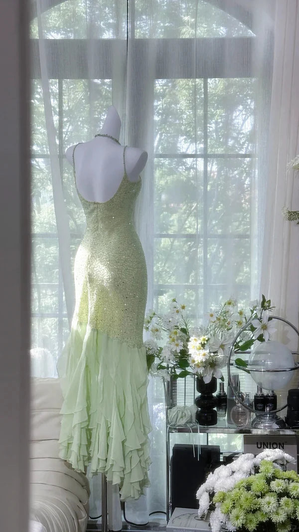 Green Mermaid Formal Dress Vintage Long Chiffon Party Dress Evening Dress Prom Dresses nv4326