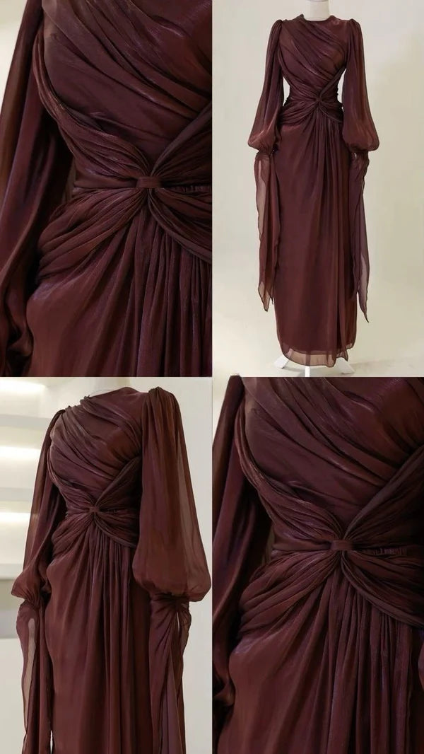 Robe de soirée élégante en mousseline de soie, style vintage bordeaux, manches longues, coupe trapèze, nv4160