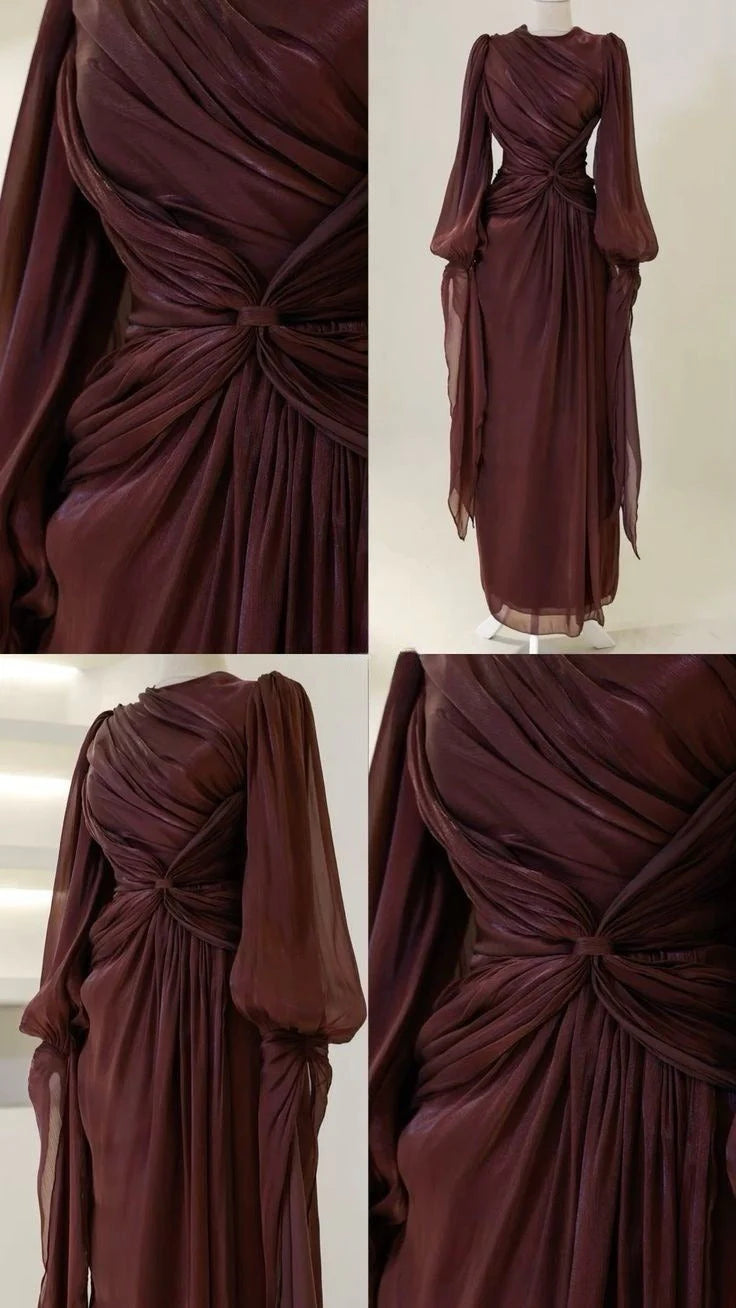 Burgunderrotes elegantes Abendkleid A-Linie mit langen Ärmeln Ballkleid nv4232
