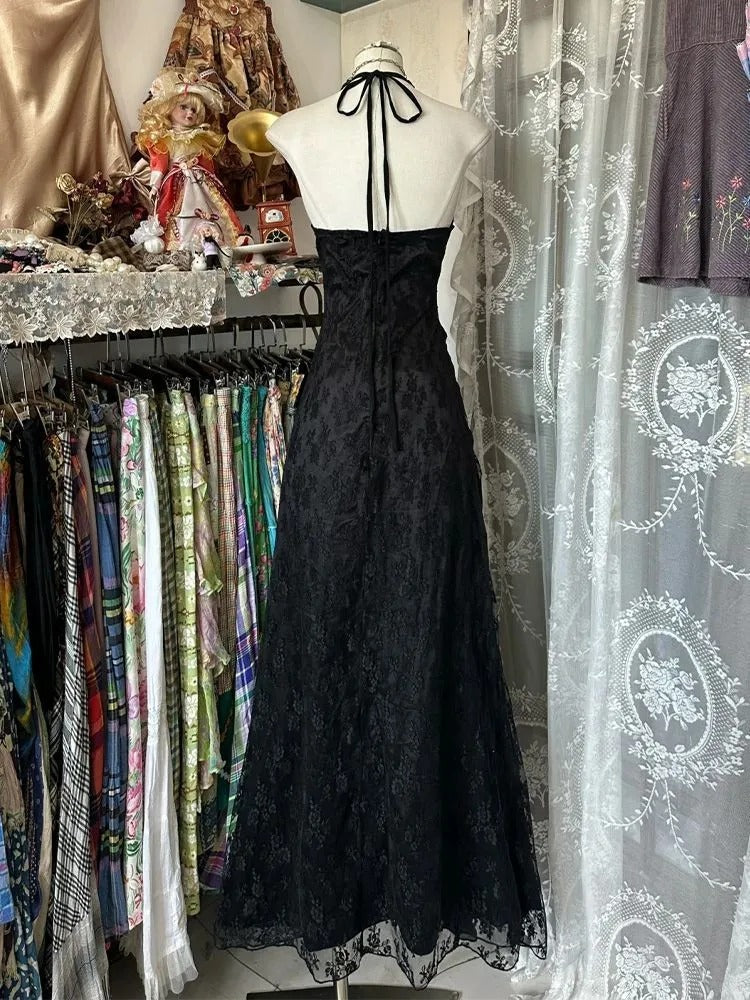 Schwarz Neckholder Retro Mode Elegante Straps Lange Spitze Tüll Meerjungfrau Ballkleid Abendkleid Partykleid nv4203
